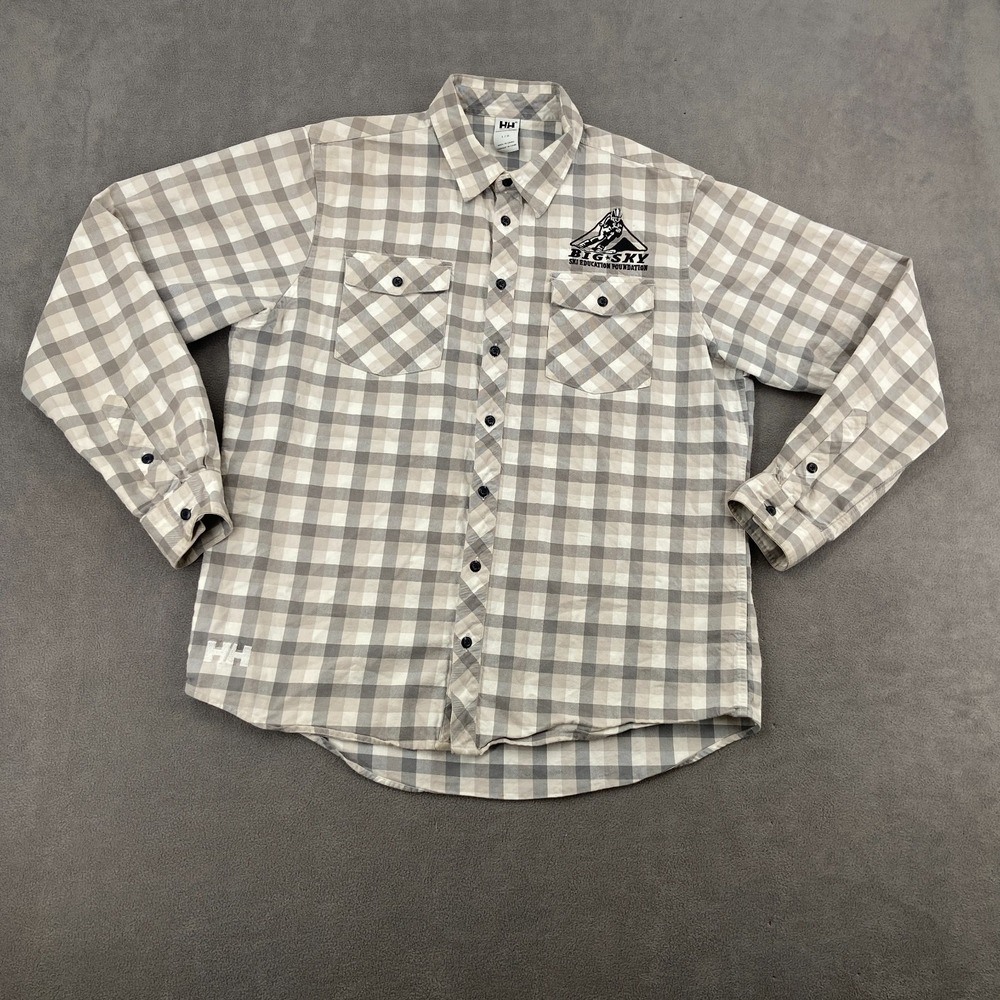 Helly Hansen Flannel Shirt Mens Large White Gray Plaid Classic Collar Button Up‎